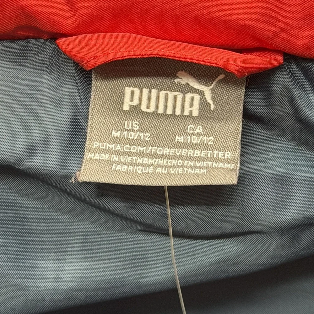 Puma Puffer Vest Boys Medium 10/12 Red Gray Navy Quilted‎ Sleeveless Zip Front